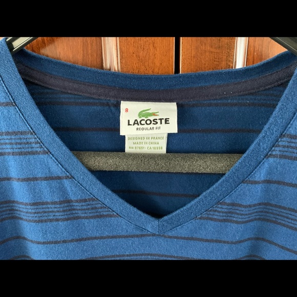Lacoste dark blue cotton striped V neck men’s tshirt logo short sleeves size 8 - Picture 3 of 5